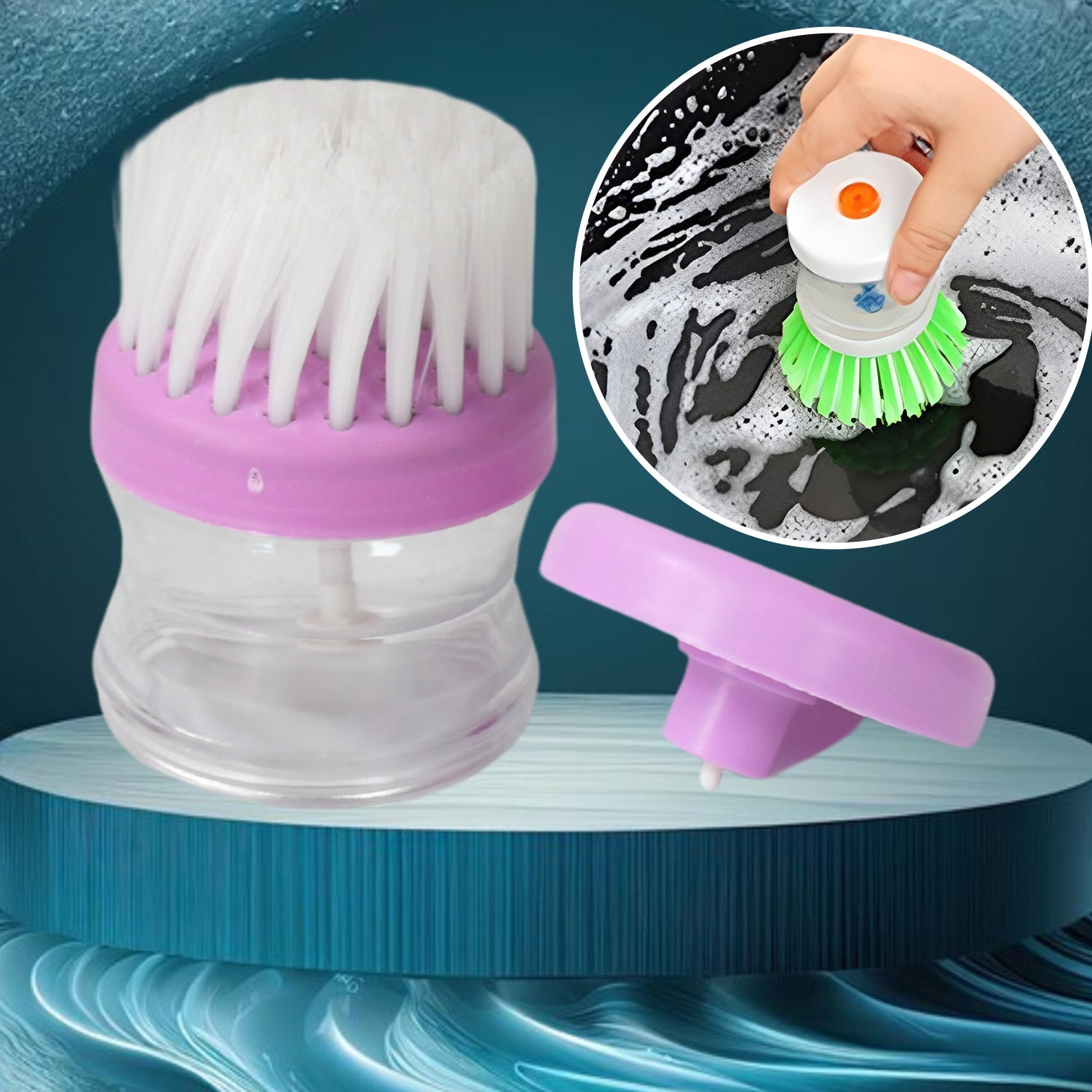 Plastic wash basin brush with liquid soap dispenser, multicolour. Plastic wash basin brush with liquid soap dispenser, multicolour.